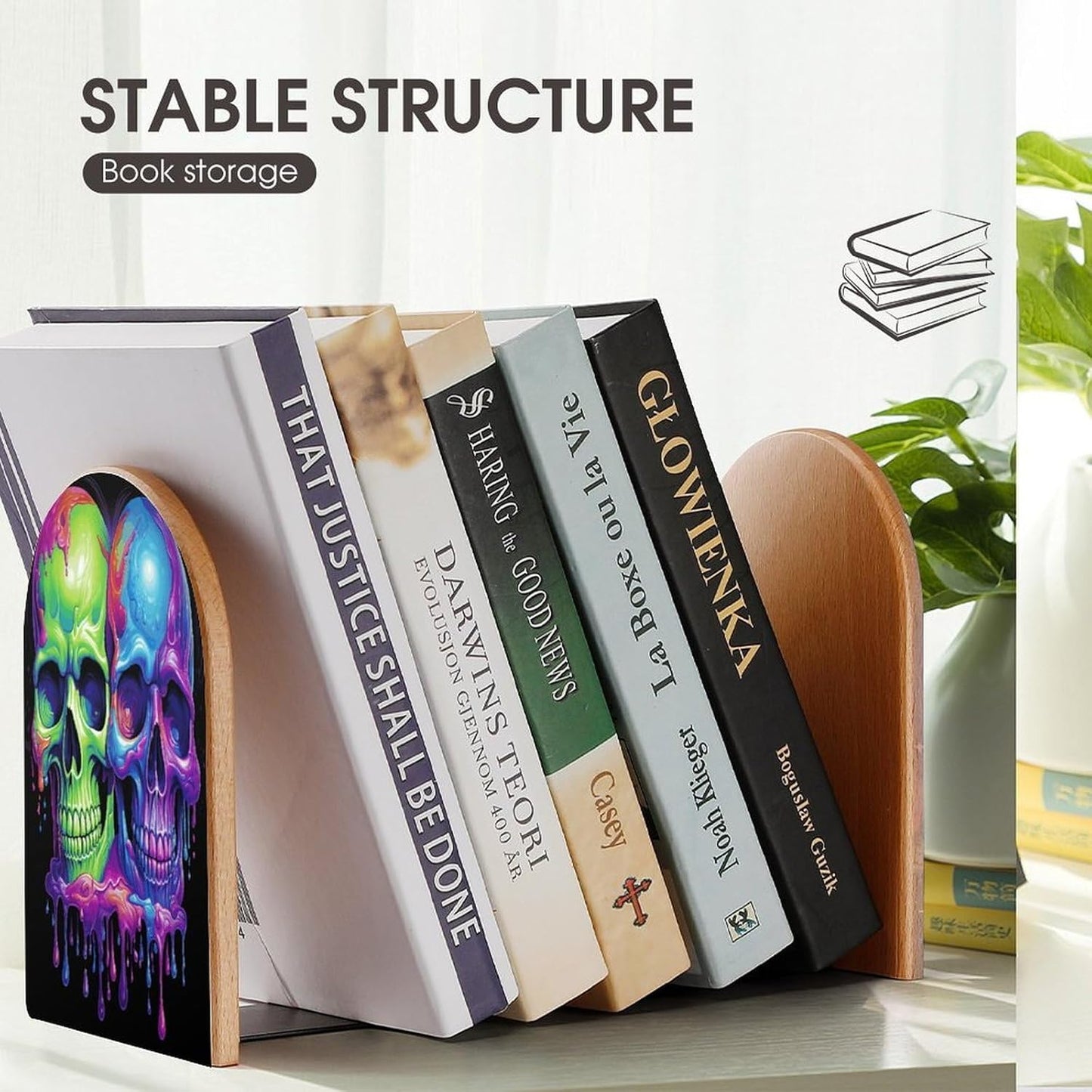 Two Colorful Skulls Bookend for Shelves Wooden Book End Large Size Sturdy Book Holders Stoppers with Metal Base for Bookshelves Slick Decorative Bookends Stands