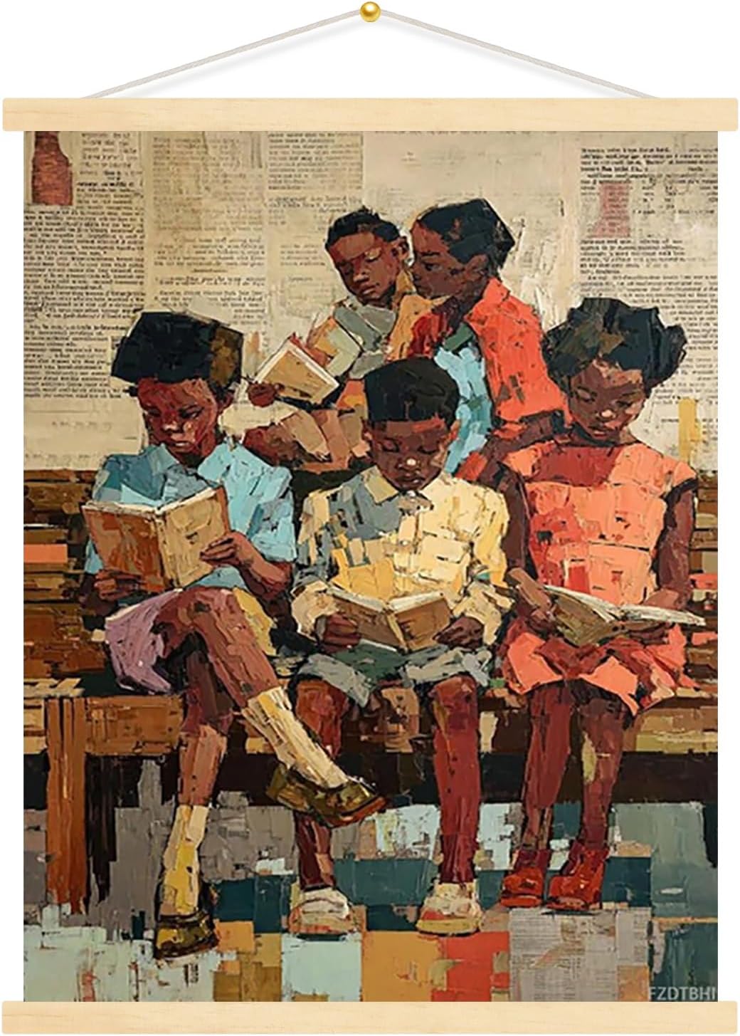 A Group of Black People Reading Books on a Bench Poster Prints Office Bathroom Room Decor Wall Art Aesthetic Canvas Paintings Frame-Style 12x16inch