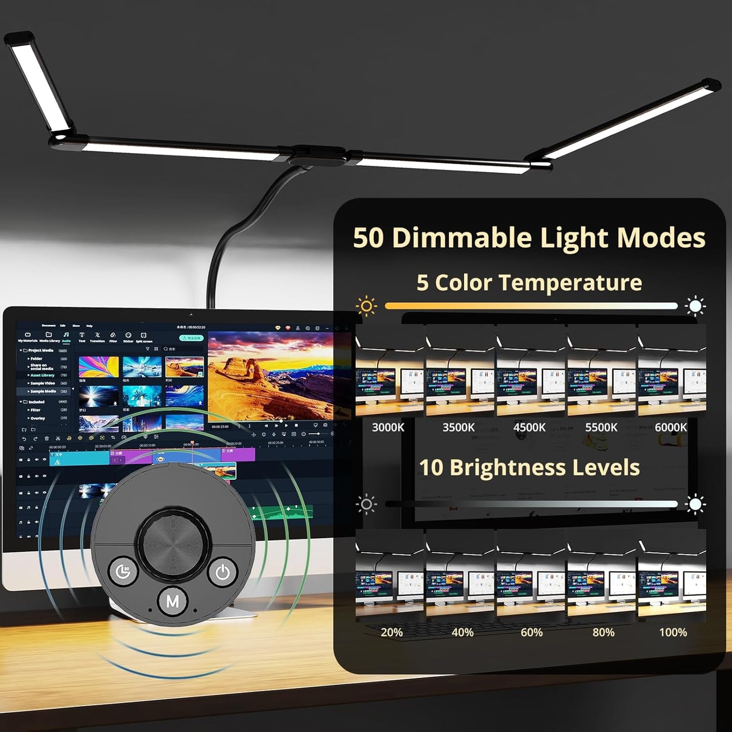 Desk Lamp, Clamp Desks Lamps for Home Office, 24W Flexible Gooseneck Table Lamp, 10 Color Modes & Brightness Eye-Caring Desk Light w/USB Adapter (12V2A Black)