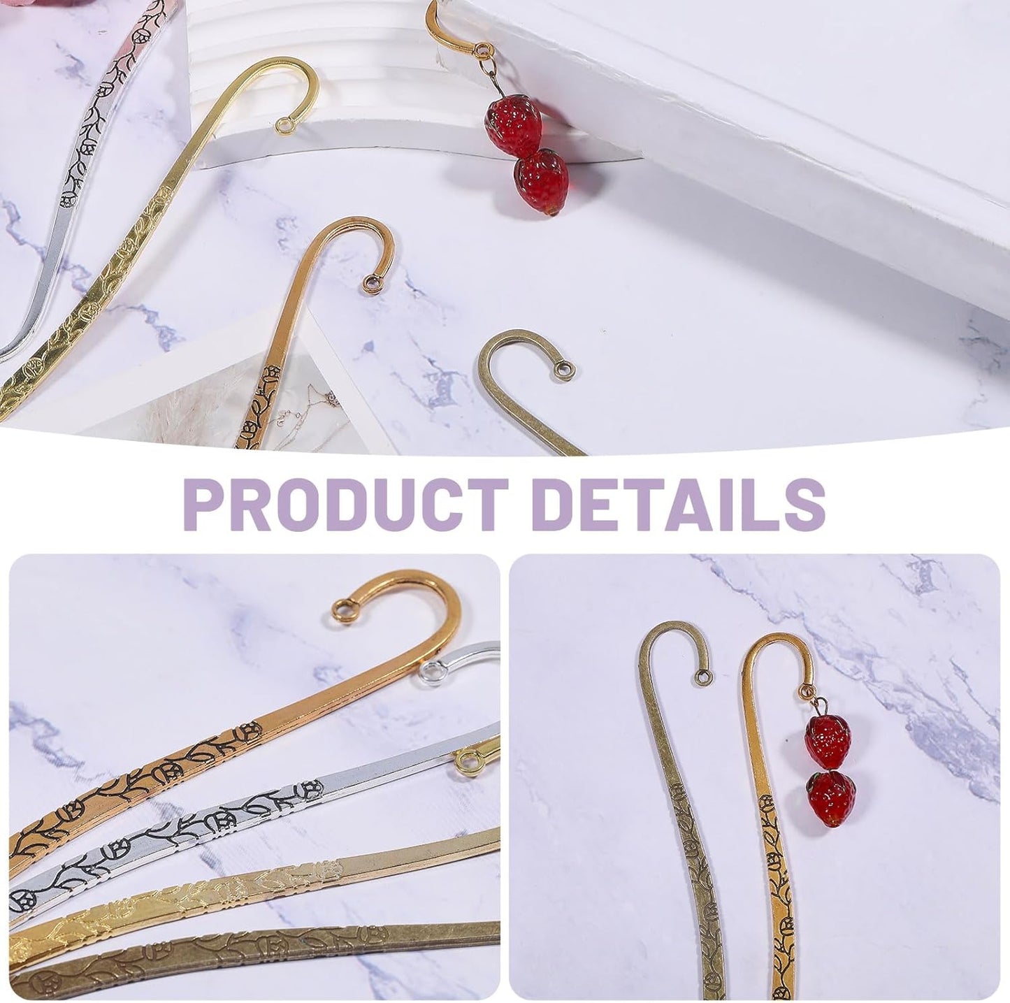 GLOBLELAND 24 Pcs 4 Colors Alloy Beadable Bookmarks Metal Bookmark Hairpin Markers Embossed Bookmarks for Adults Book Reading Lovers Enthusiasts Gifts