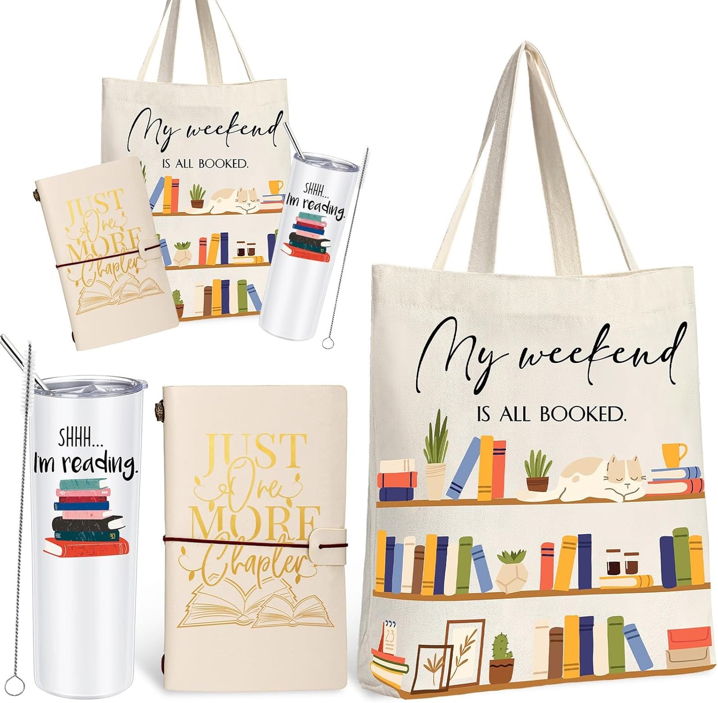 Fuutreo Book Lovers Gift Sets Include 20 oz Stainless Steel Tumbler Cup with Lid Library Canvas Tote Bag Leather Journals with Inspirational Words Books Club Gifts for Book Lovers' Day Reader