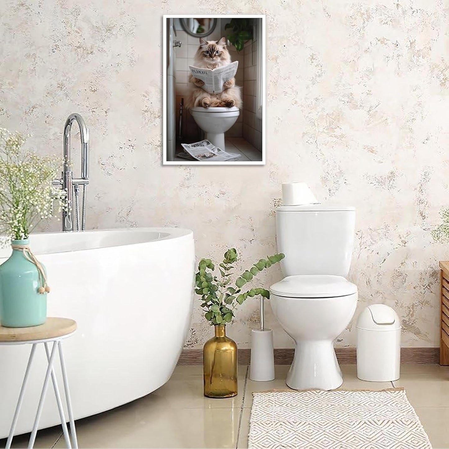 Cute Bathroom Cat Canvas Wall Art Funny Pets Cat Reading Newspaper On The Toilet Poster Funky Humorous Animal Pictures Prints Painting For Home Restroom Bathroom Wall Decor 12x16in Unframed