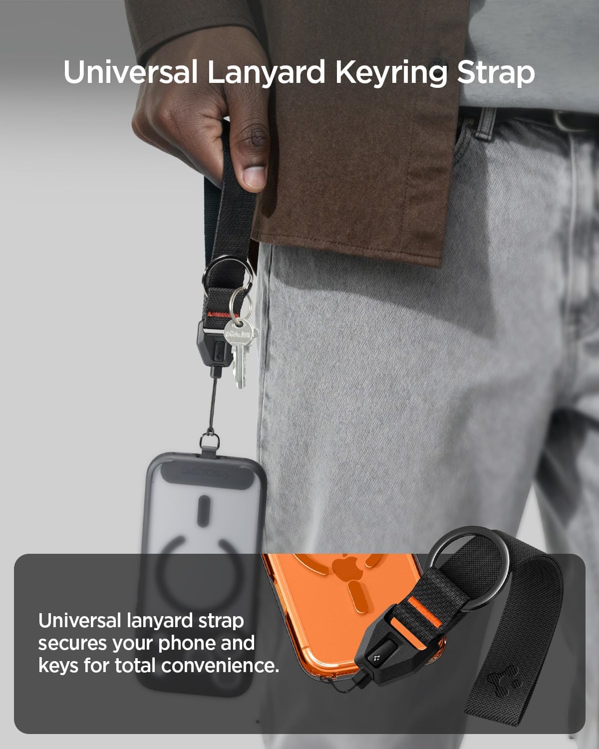Spigen Universal Lanyard Wrist Strap with Keychain for iPhone, ID Badge Wallet Holder, AirPods, Cameras, Keychain & Everyday Carry, Durable Carabiner with Wrist Strap - Black