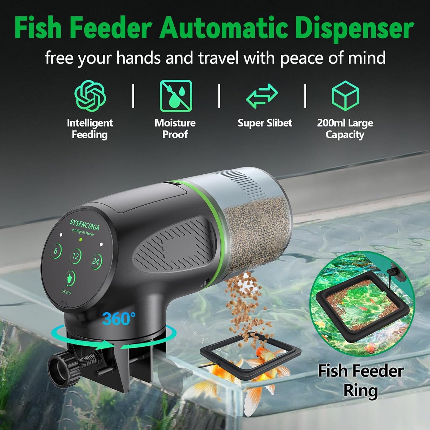 Automatic Fish Feeder for Aquarium, Auto Food Dispenser with Timer, 200 ml Fish Feeder for Pellets Granules & Strips, 360° Rotation Automatic Fishs Dispenser for Small Tank, Big Aquariums & Pond