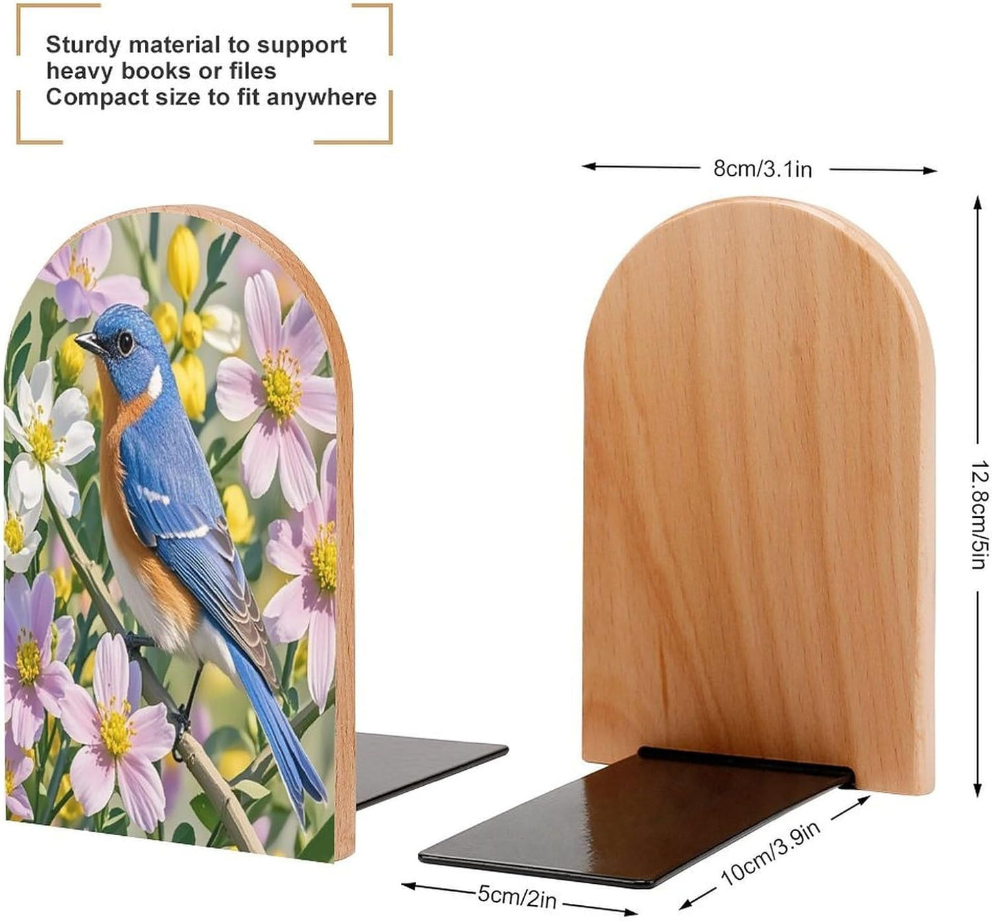 Bluebird and Flowers Bookends 1 Pair Heavy Duty Book Ends for Shelves Non-Skid Bookend Supports Wooden Book Holders with Metal Base Desk Organizers Books Storage to Hold Books
