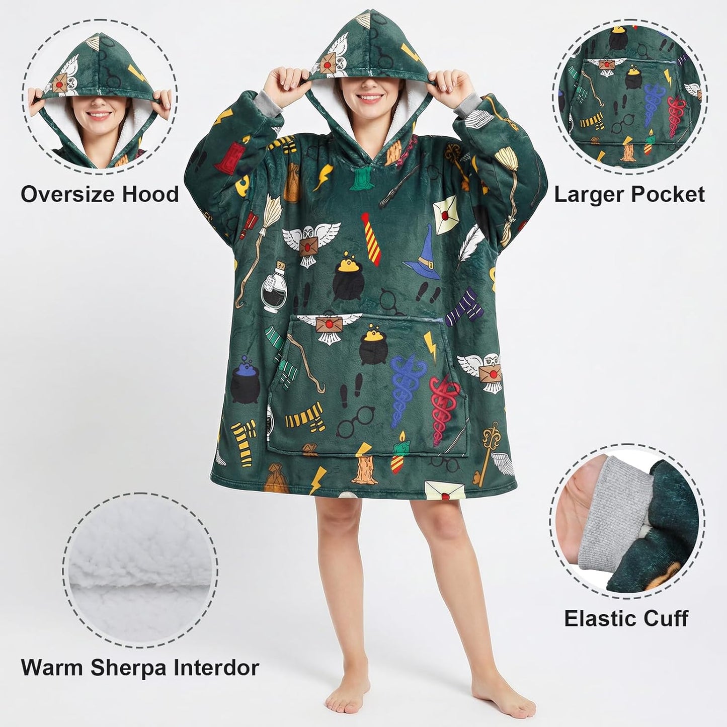 Magical Movie Theme Soft Warm Oversize Wearable Blanket Hoodies for Fans of Magical Movies and Novels, Featuring Owl, Lightning Bolt, and Eyeglass Frame Prints