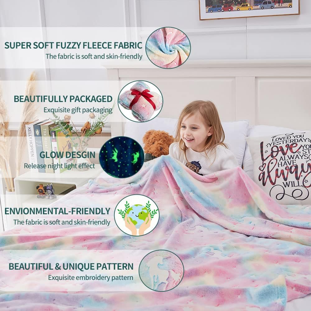 Glow in The Dark Throw Blankets Color Unicorn Stars Fairy Blanket Luminous Soft Plush Light Grey Fleece Blanket for Girls Boys Kids Birthday Christmas Adult Gifts Large 50" X 60" (Color Unicorn)
