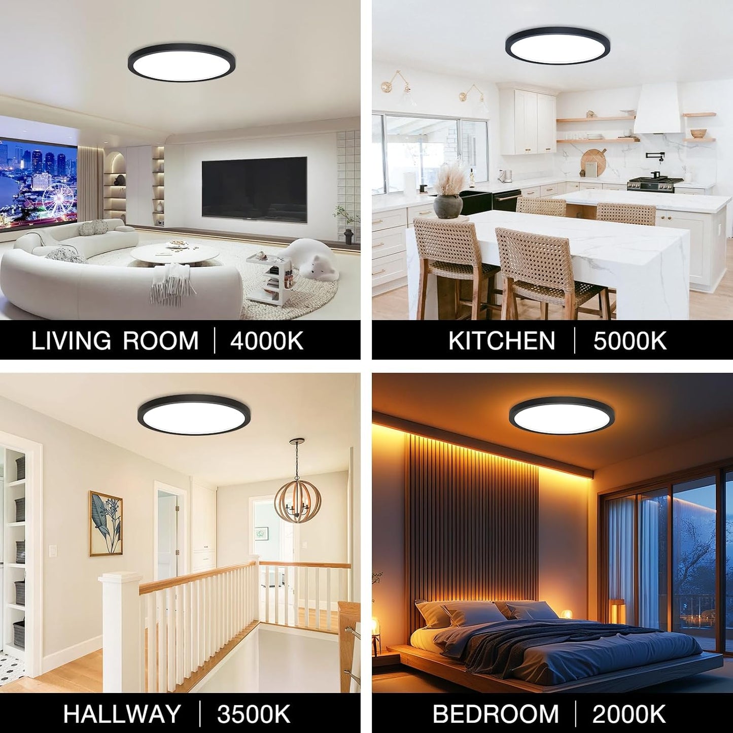 Dimmable LED Flush Mount Ceiling Light Fixture with Remote Control, 24W 2400LM, 12Inch, 2000K Warm Night Light & 3000K-6500K, Modern Super Slim Ceiling Lamp for Bedroom Kitchen, Black, 1 Pack