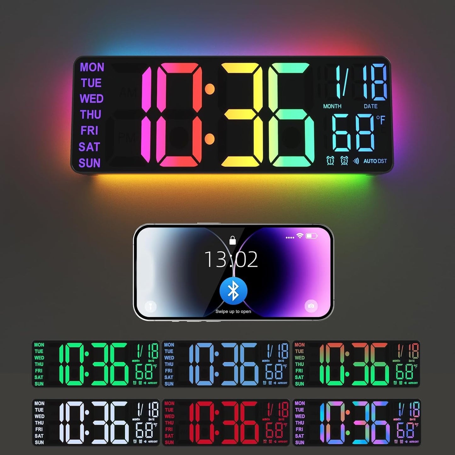 13" Digital Wall Clock with Night Light,8 RGB Color,Dual Alarms with Large Display, Dimmer, Auto DST, Voice Control, Auto Time Sync,Remote Control for Living Room Bedroom,Gift for All Ages