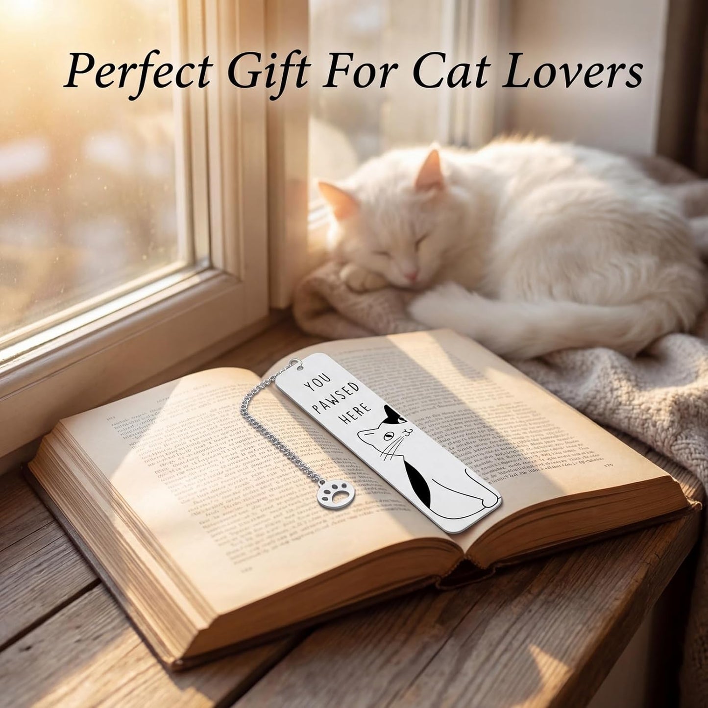 Cat Bookmark for Cat Lovers, You Pawsed Here Engraved Metal Bookmark with Paw Charm, Cute Book Lover Gifts for Women Men, Reading Accessories & Cat Gifts
