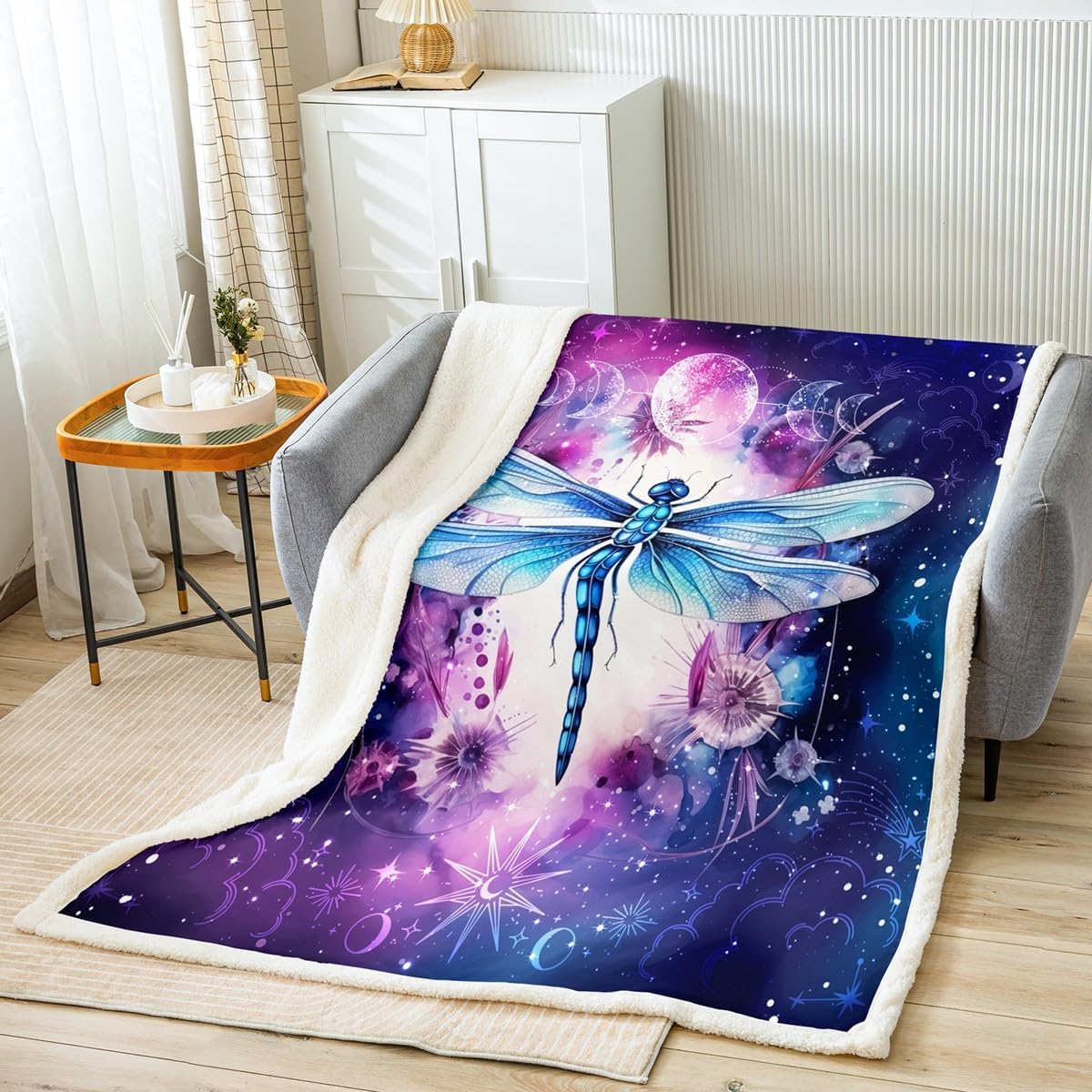 Dragonfly Kids Throw Blanket,Sun Moon Starry Sky Galaxy Trippy Bed Blanket for Girls Boys Women,Rustic Insect Wildlife Fleece Blanket,Purple Dreamy Fuzzy Blanket,Queen Size (90 x 90 Inches)