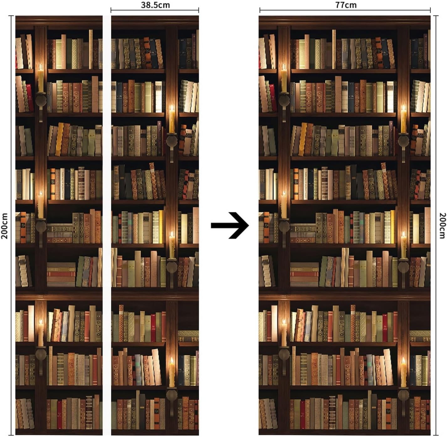 3D Door Stickers for Interior Doors Bookshelf Full of Old Books in Mysterious Library Vinyl Waterproof Self Adhesive Door Mural Decals for Bedroom Office Bathroom 77 x 200cm