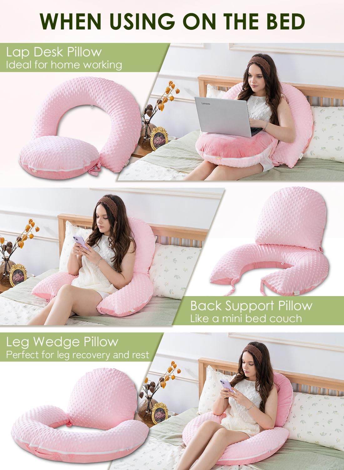 INSEN Reading Pillow with Back Support, Sit Up Bed Pillow for Reading, Nursing & Relaxation, for Adults, Moms and Kids, Pink Bubble Velvet
