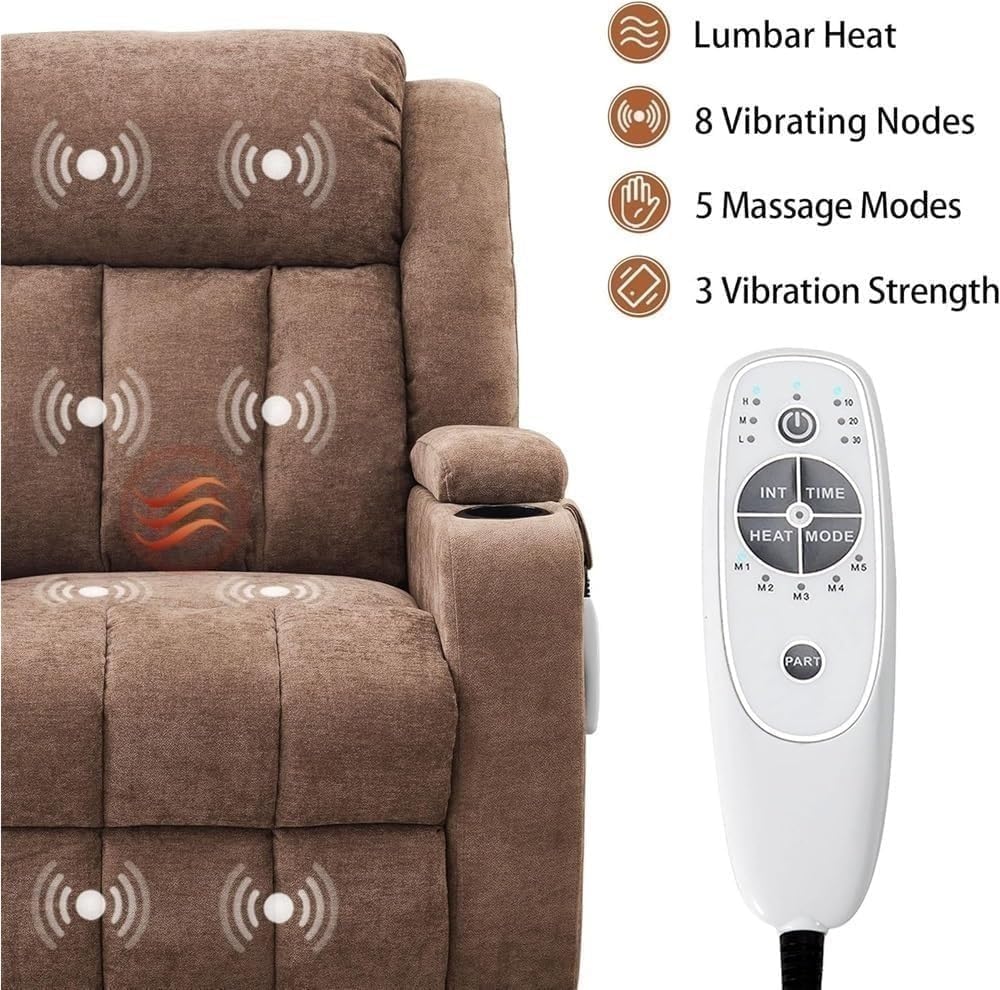 Electric Power Lift Recliner Chair with Massage Heat Faux Leather Adjustable Ergonomic Leisure Chairs for Elderly Comfortable Sofa USB Charging Port Cup Holders