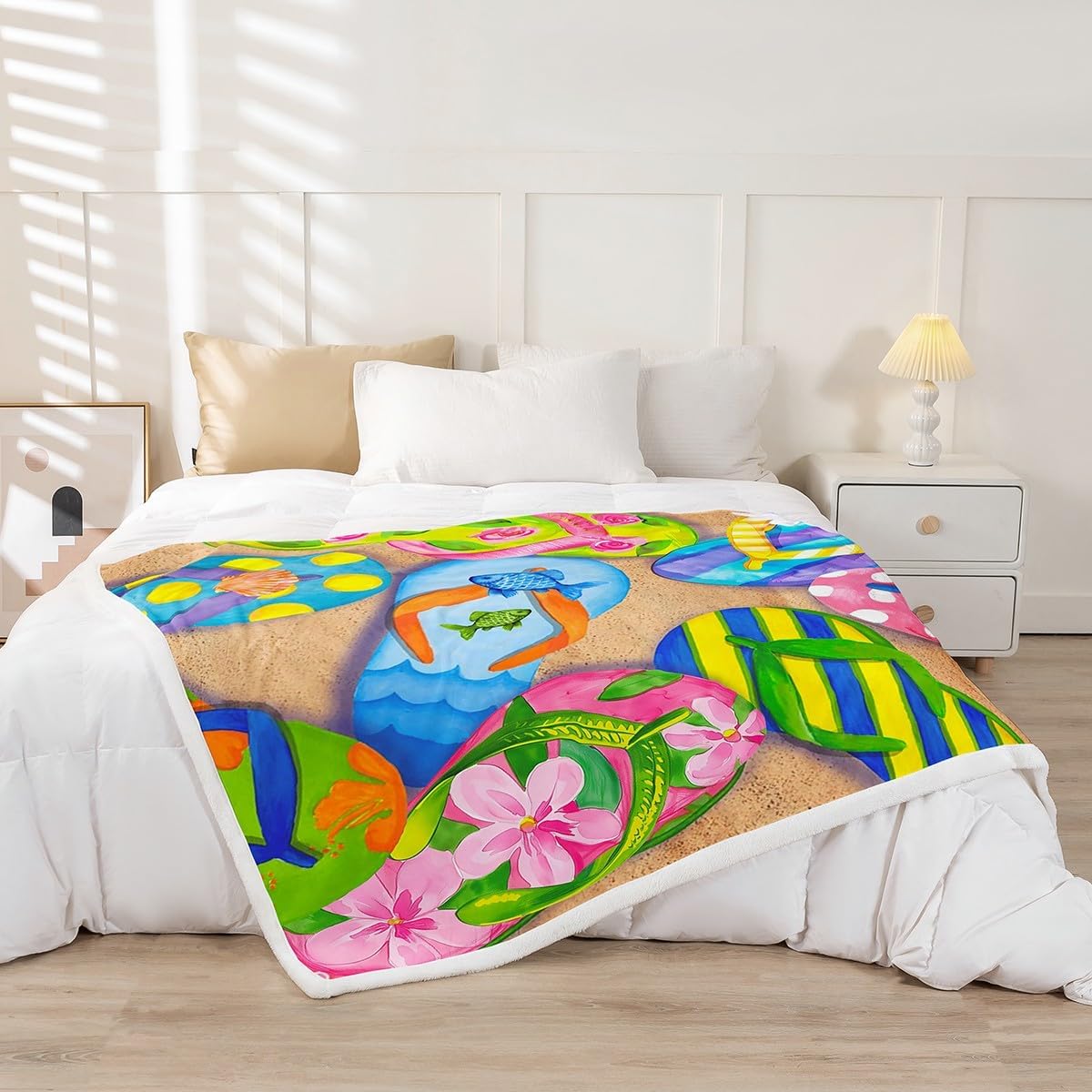 Colorful Flip-Flops Throw Blanket Summer Theme Fleece Blanket Beach Vacation Bed Blanket for Couch or Bed Flip-Flops Blanket Soft Warm Lightweight for Kids Adults Women Gift(40x50 Inches)