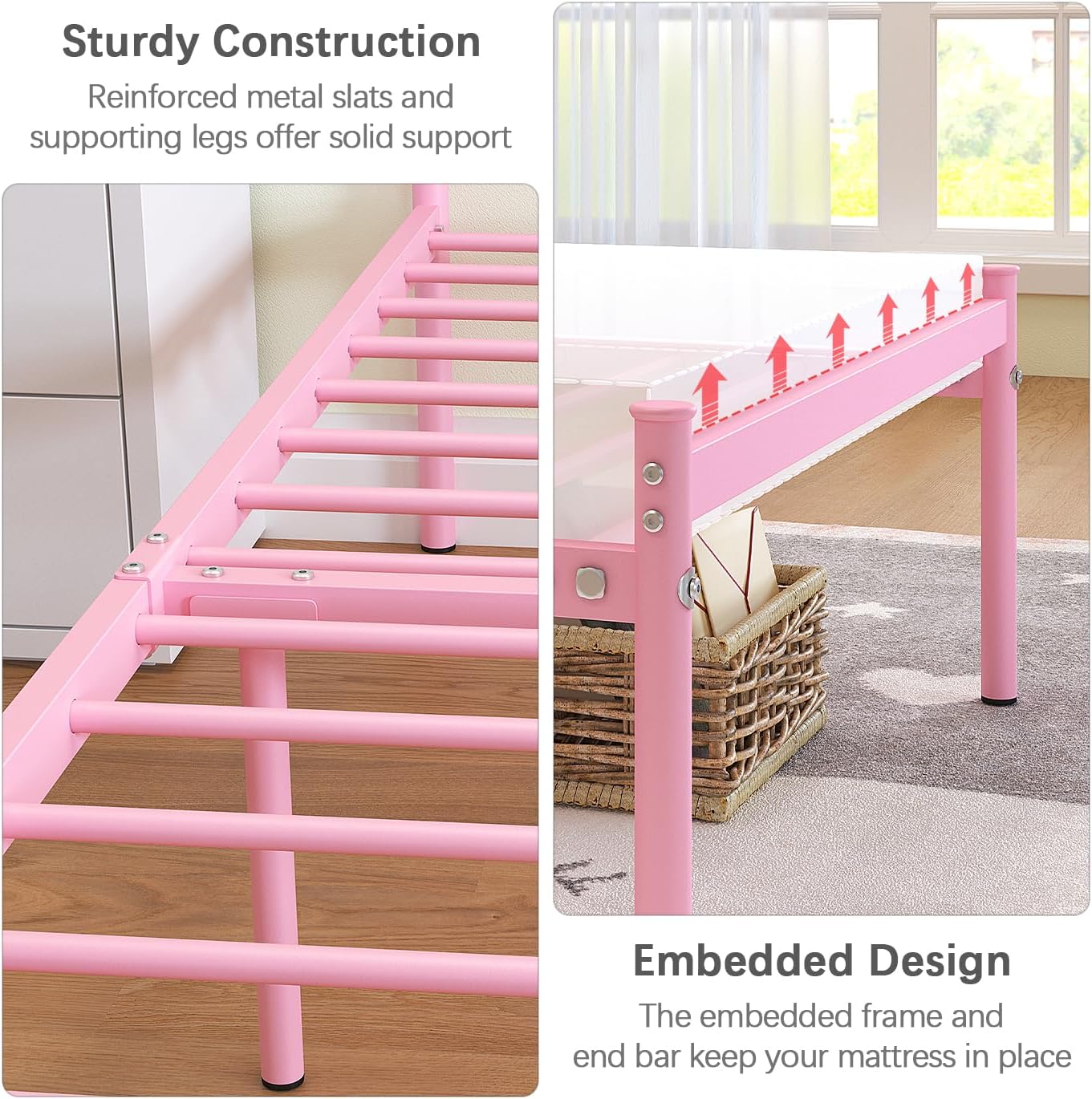 Weehom Twin Bed Frames with Headboard, Heavy Duty Metal Platform Under Bed Storage Space Easy Assembly for Kids Girls Adults, Pink