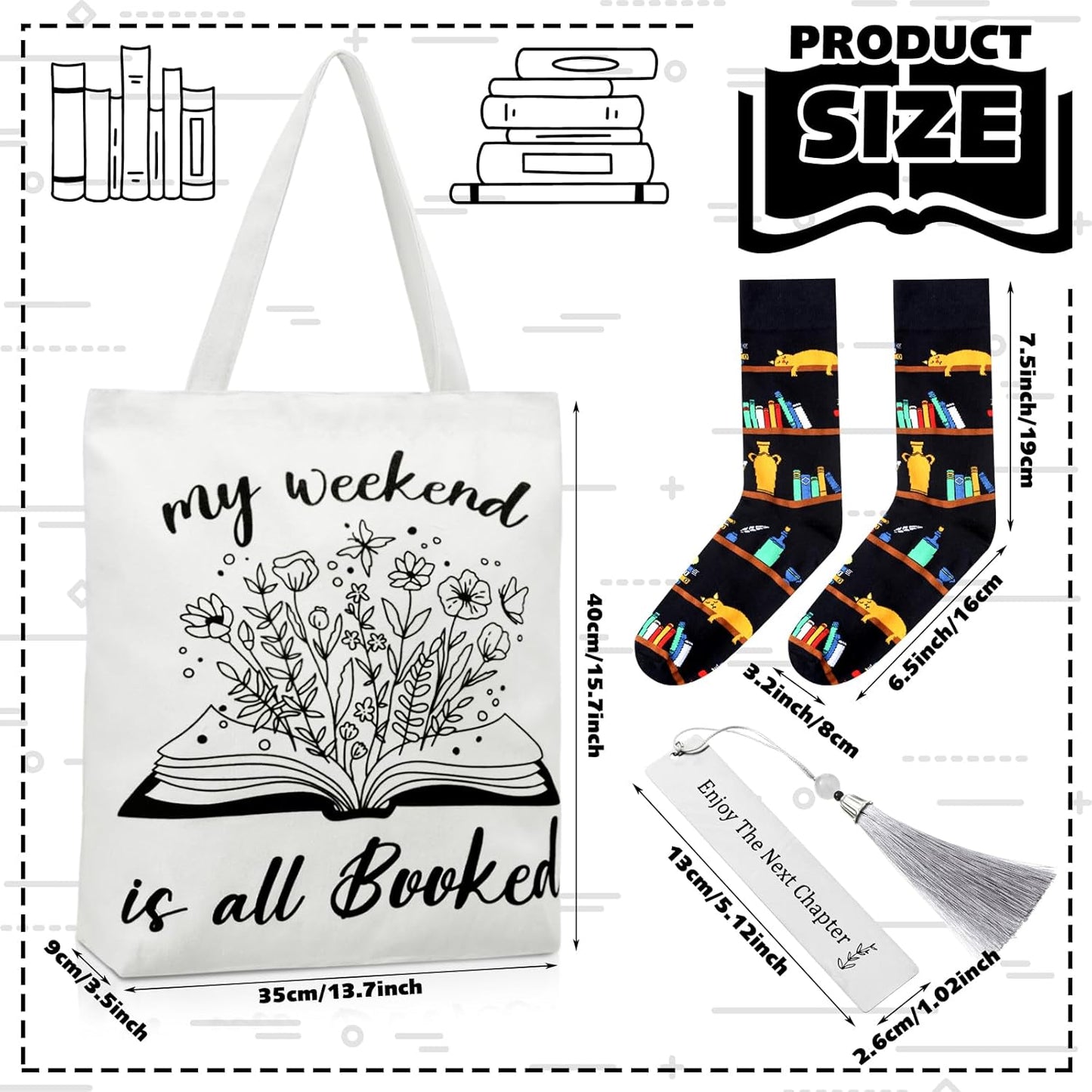 Yungyan Book Lovers Gifts for Women Bookish Gifts Include Canvas Tote Bag Glass Cup Socks Bookmark Tassel Book Club Gift for Women Readers Teacher Bookworms Librarian Author(Classic)
