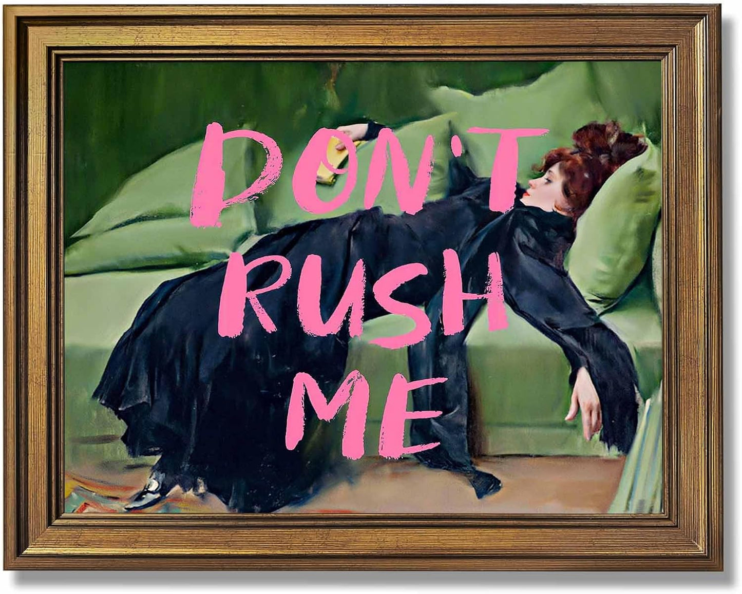 Large Framed Don't Rush Me Wall Art Vintage Altered Portrait Feminist Poster Pink Graffiti Funny Motivational Quote Canvas Painting Victoria Woman Print for Girly Bedroom Home Decor 24x36inch