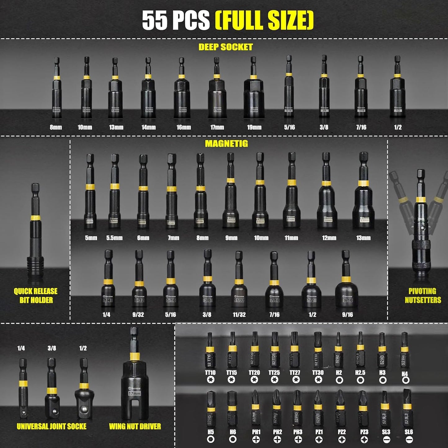 55PCS Impact Nut Driver Set Magnetic, SAE&Metric Nut Drivers, Deep Impact Nut Drivers, Impact Socket Adapters, Wing Nut Driver, Power Bit,Quick Release Extension, Pivoting Nutsetter,Storage Box