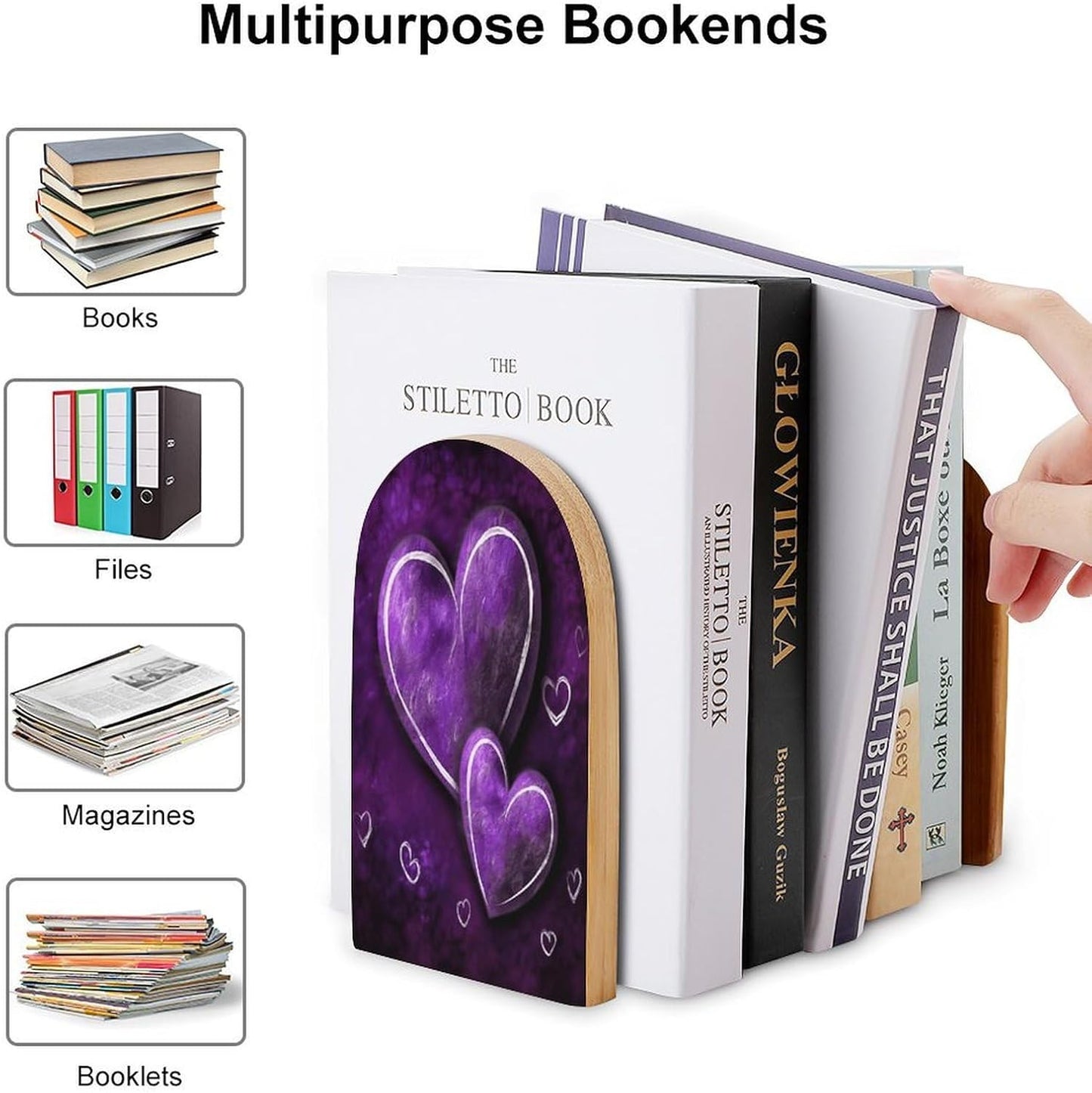 Purple Hearts Bookend for Shelves Wooden Book End Large Size Sturdy Book Holders Stoppers with Metal Base for Bookshelves Slick Decorative Bookends Stands