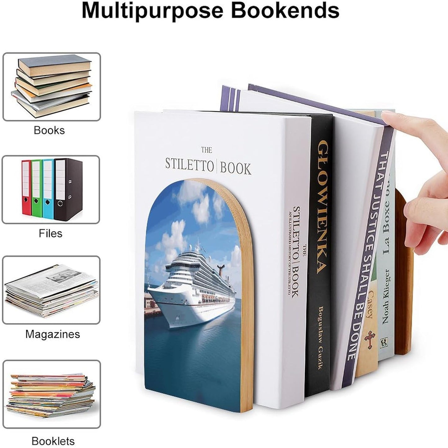 Non-Slip Bookend for Shelves Cruise Ships Wooden Bookends with Metal Base Decorative Book Stopper for Home Heavy Duty Wood Book Storage for Books/CDs