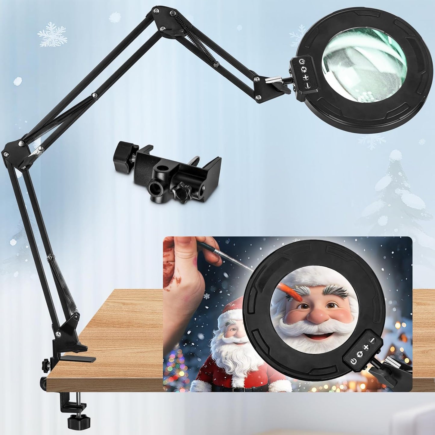 HITTI Ultra Long 12X Magnifying Glass with Light and Clamp, 5 Color Modes Steepless Dimming Desk Lamp, Swivel Arm Workbench Light, Hands Free Lighted Magnifier Stand for Craft Reading Soldering