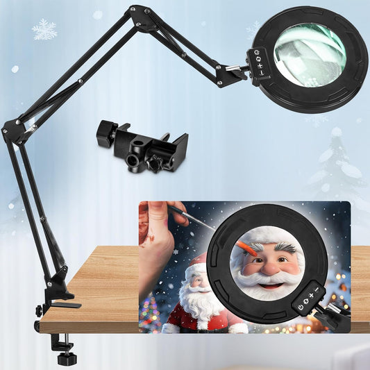 HITTI Ultra Long 12X Magnifying Glass with Light and Clamp, 5 Color Modes Steepless Dimming Desk Lamp, Swivel Arm Workbench Light, Hands Free Lighted Magnifier Stand for Craft Reading Soldering