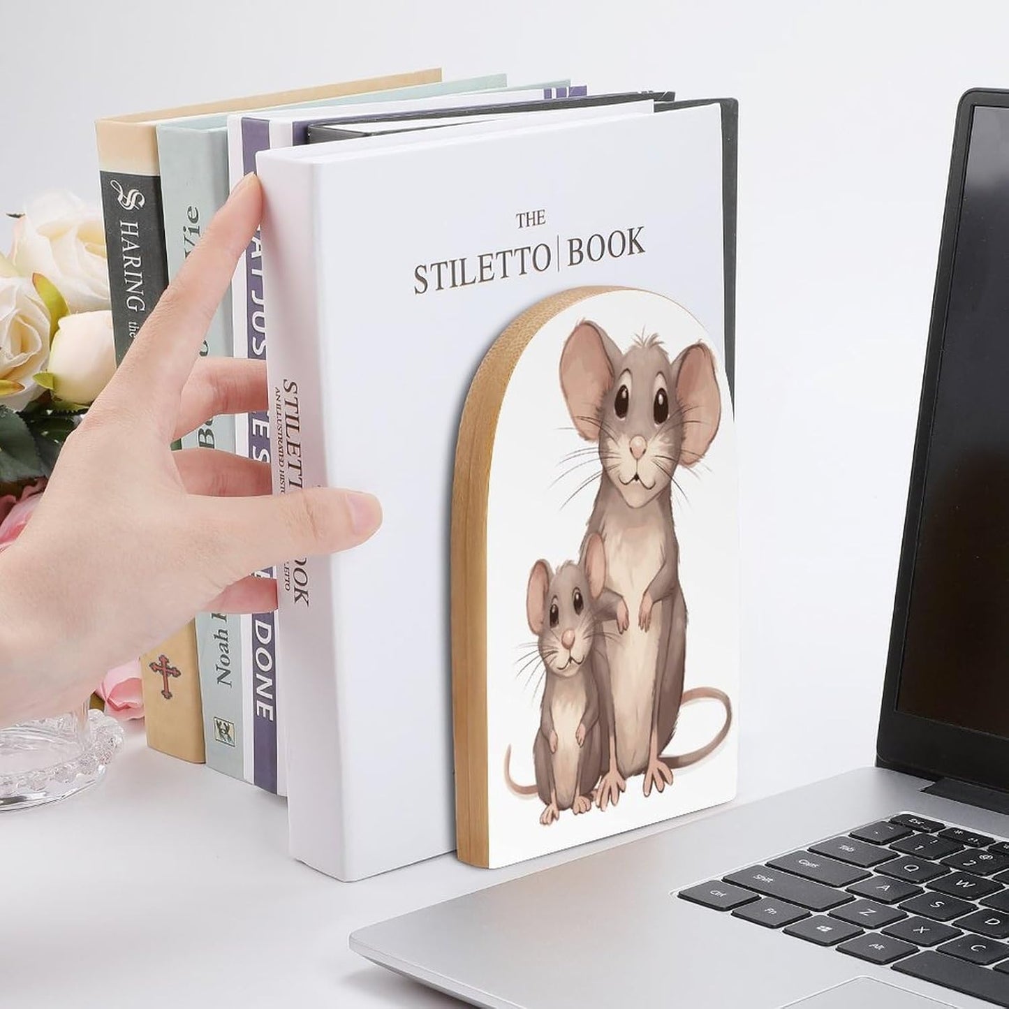 Non-Slip Bookend for Shelves Mother and Child Rats Wooden Bookends with Metal Base Decorative Book Stopper for Home Heavy Duty Wood Book Storage for Books/CDs