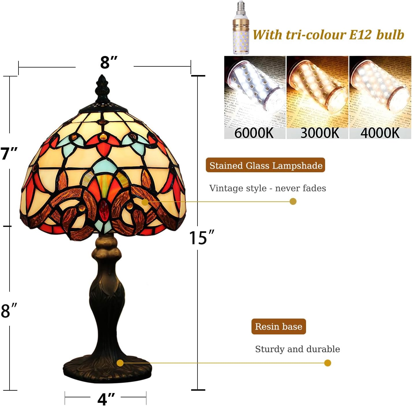 Table Lamp Tiffany Style 8 Inch Stained Glass Lampshades Small Bedside Lamp Reading Antique Desk Light Livingroom Bedroom Office Vintage Art Decor(Color:A-8)