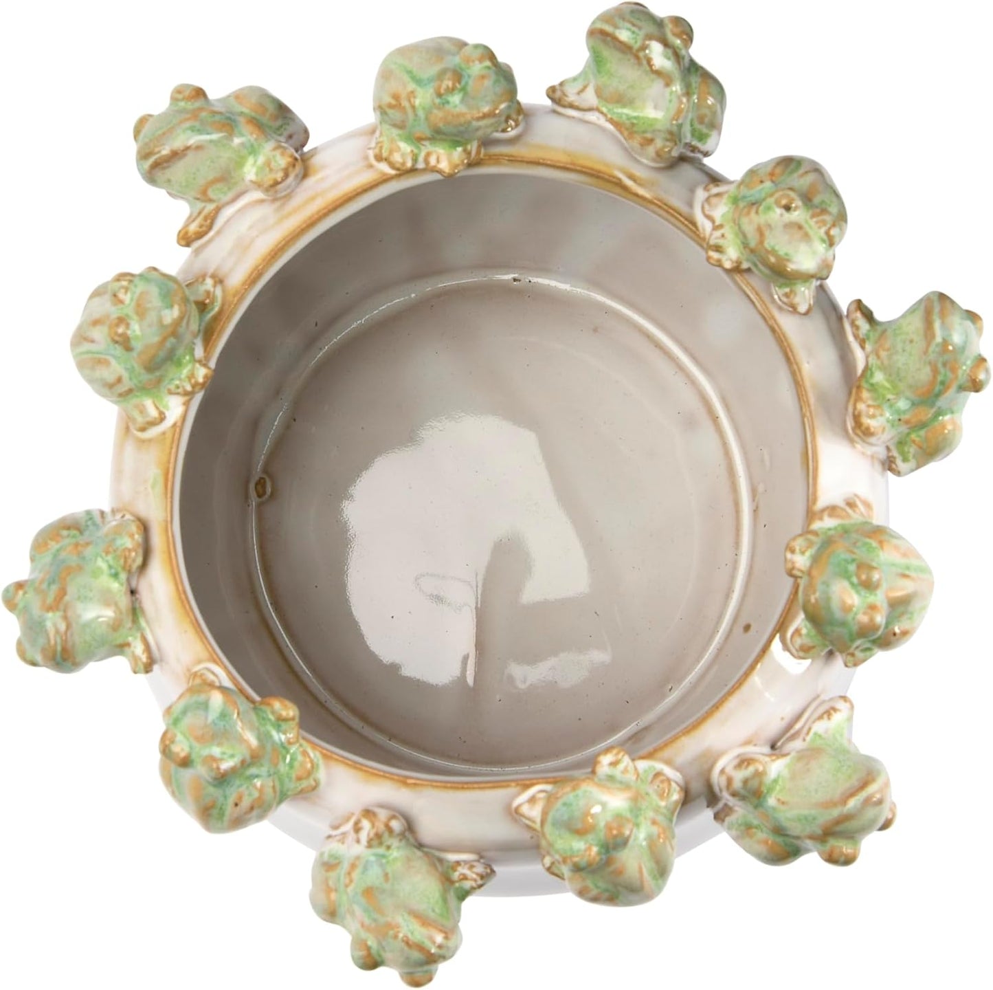 Creative Co-Op Stoneware Planter with Frogs on Rim and Reactive Glaze, Green and White