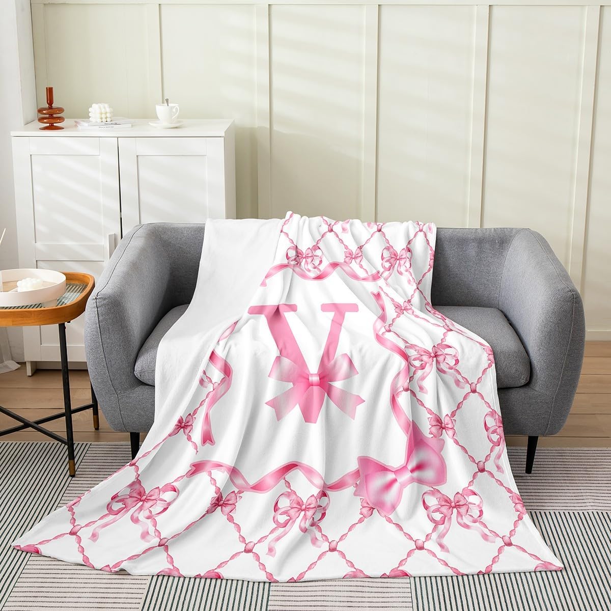 Erosebridal Cute Preppy Bow Flannel Blanket Coquette Bowknot Blanket Queen 90x90 Initial V Throw Blankets