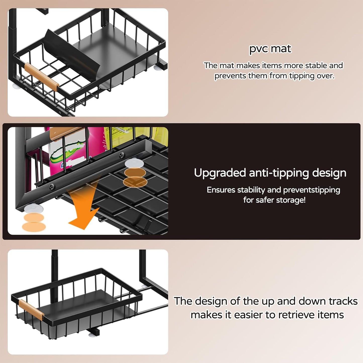 ADBIU Under Sink Organizer 2 Pack, 2 Tier Pull Out Cabinet Organizer with Expandable Height (13.2"-17.2"), Slide Out Metal Storage Shelves for Kitchen, Bathroom, Pantry and Under Cabinet