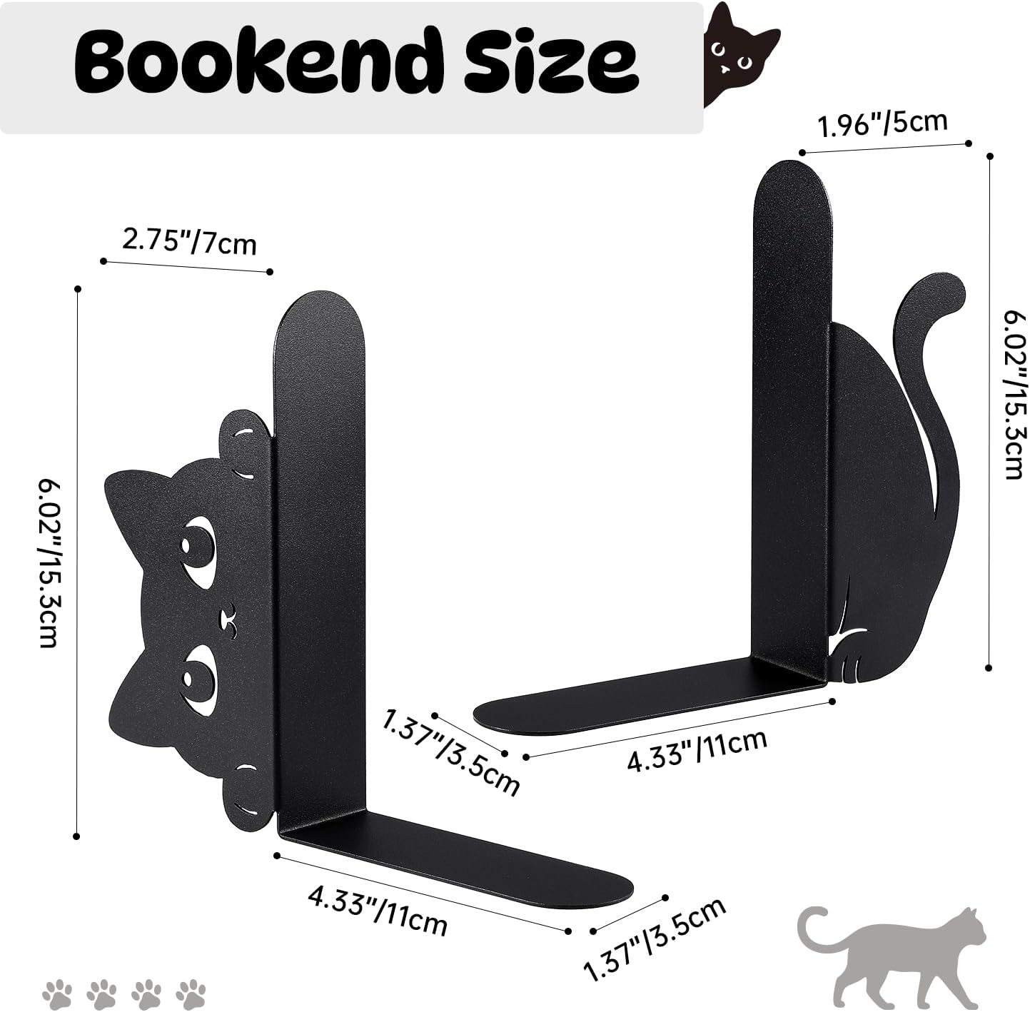 Peeking Cat Metal Bookends Set of 2 (1 Pair), Decorative Book Ends for Shelves Bookshelf Office Desk, Home Decor Gift for Cat & Book Lovers