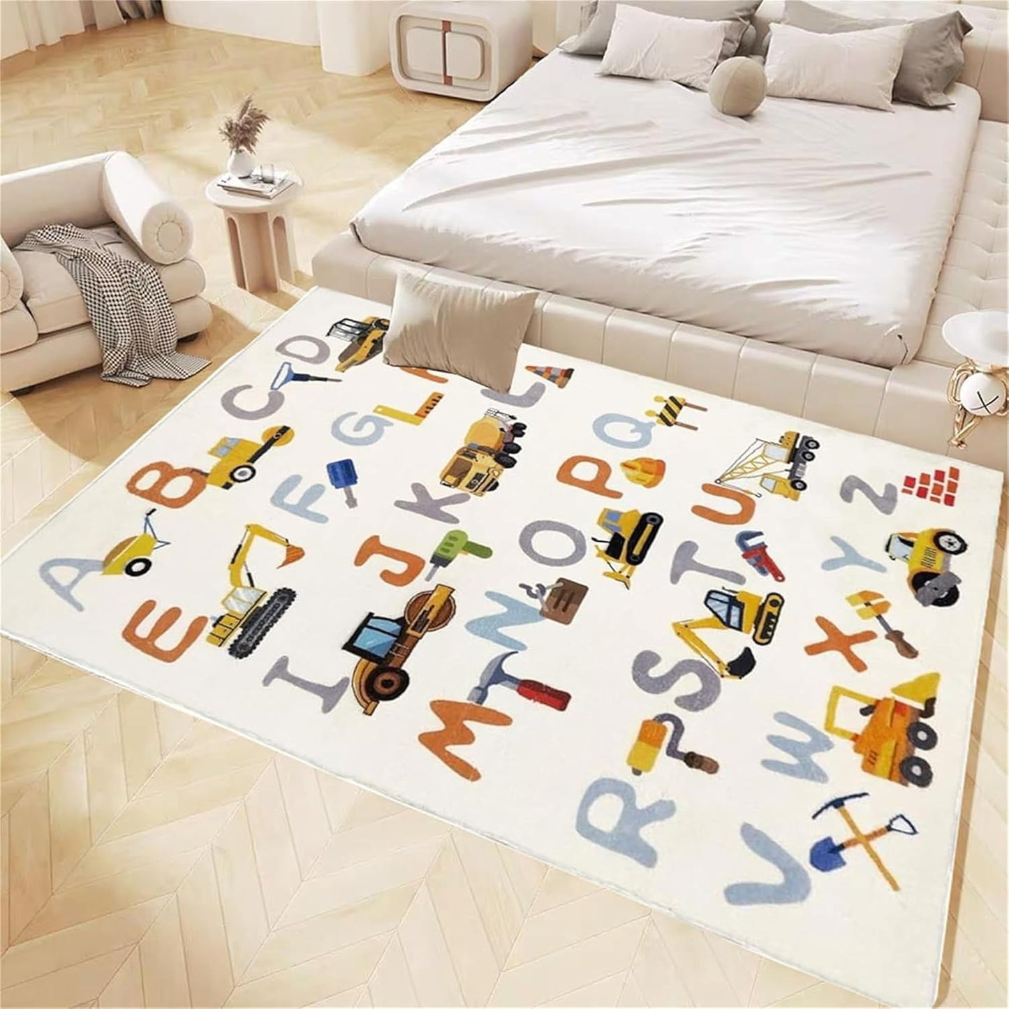 Kids Rug, Alphabet and Truck Carpet for Playroom 5x7 ABC Rugs for Boys Girls, Children's Educational Play Mat, Digger Play Rug for Bedroom, Non-Slip Area Rugs for Nursery