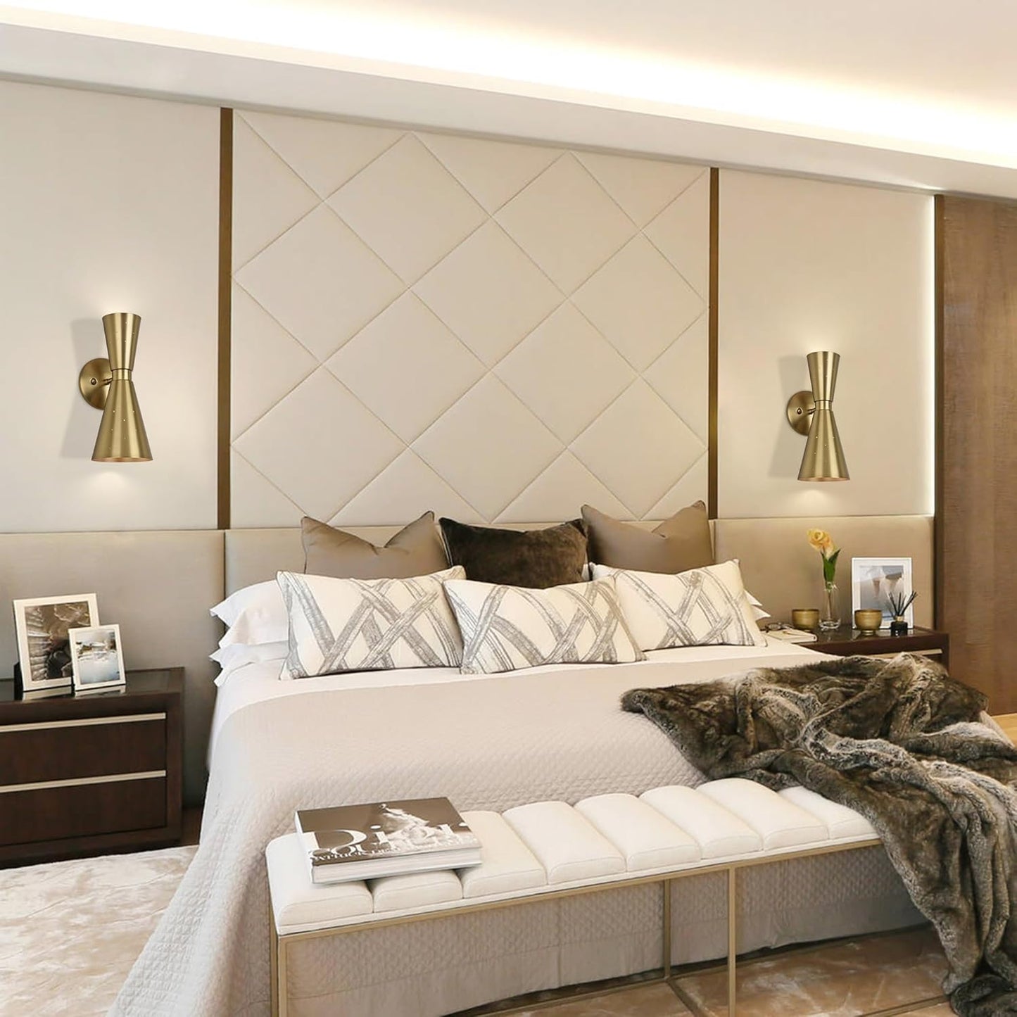 Brass Wall Sconce, Mid Century Modern Sconce Wall Lighting, Up Down Gold Wall Sconces E12 Base, Vintage Farmhouse Wall Lights Hardwired Wall Lamps for Bedroom Bathroom Living Room Staircase
