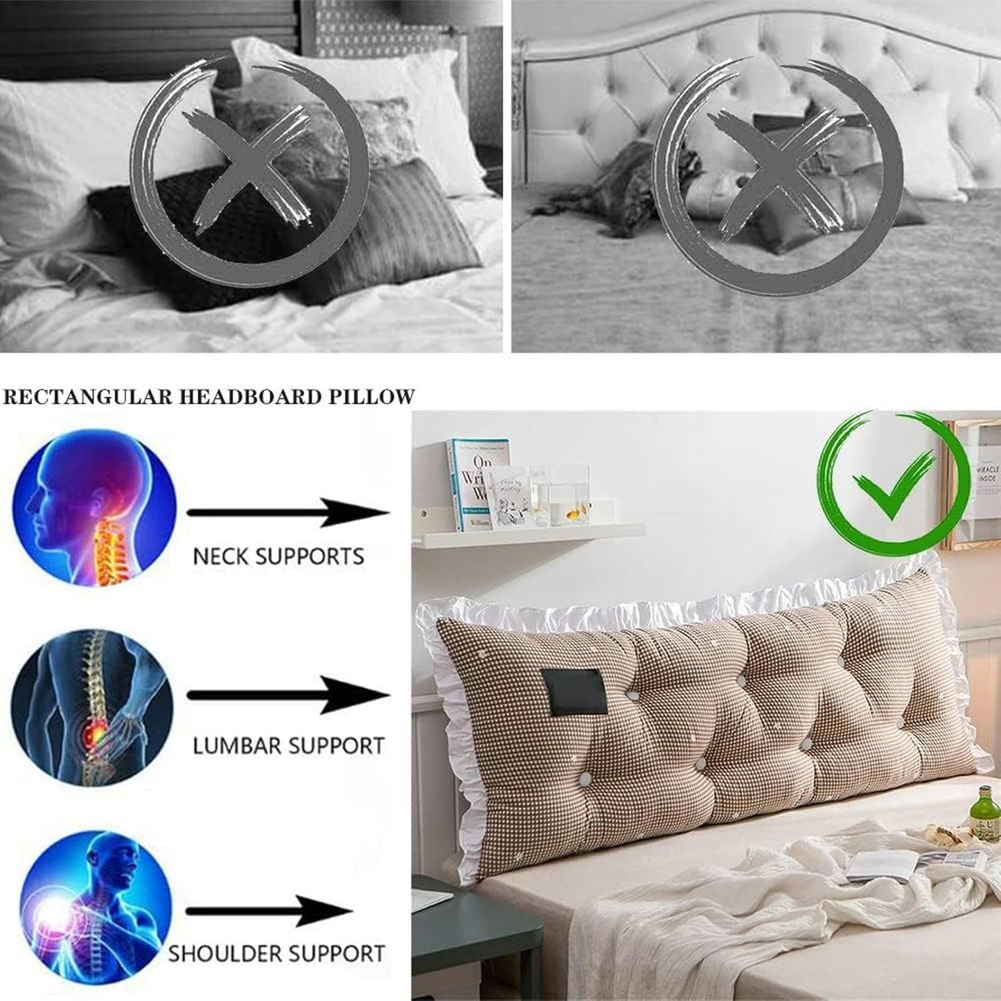 Reading Bed Rest Pillow Large Bolster Cushion Headboard Backrest Wedge Pillow Neck Lumbar Support for Dorm Room Daybed Full Size with Removable Cover