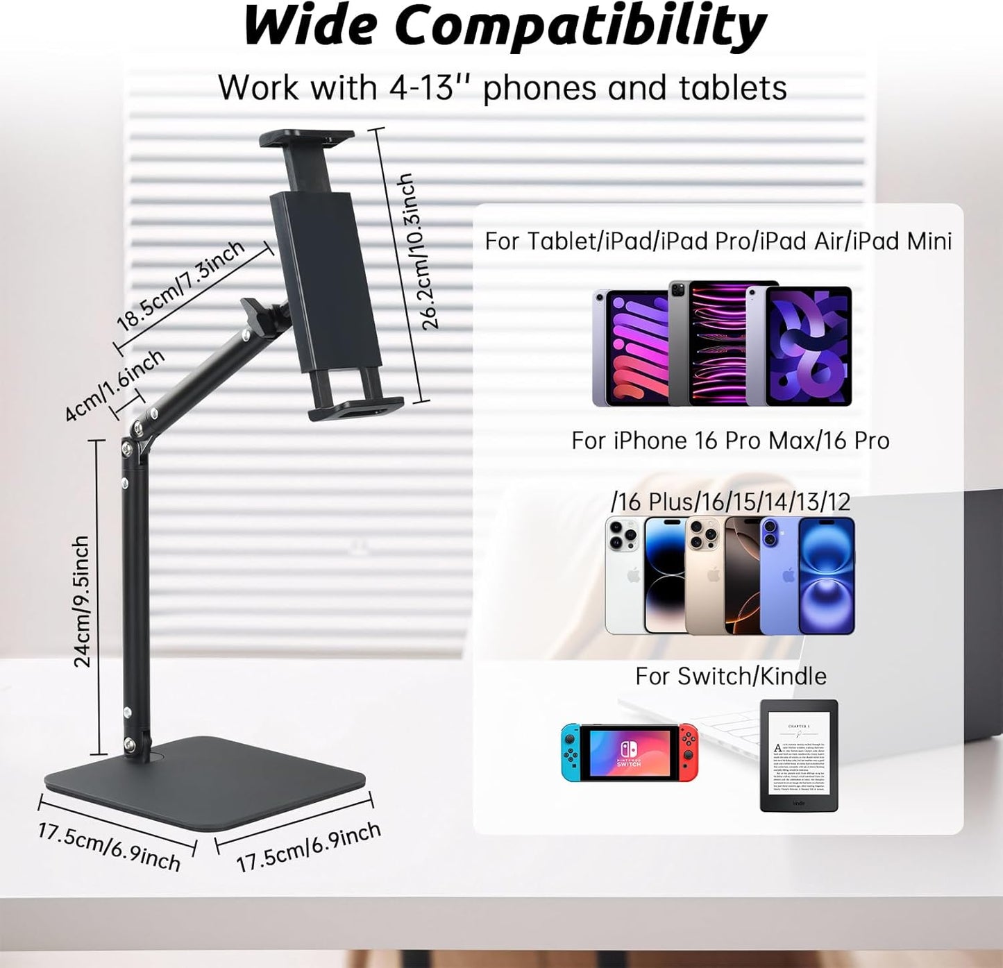 UTEBIT Tablet Stand Holder for iPad, 9.5''-16.5''Height Adjustable Tablet iPad Stand for Desk Support 22LBS, 360°Rotating Arm Portable Monitor Holder Mount for 4''-13''All iPad, iphone 17 16pro, Black