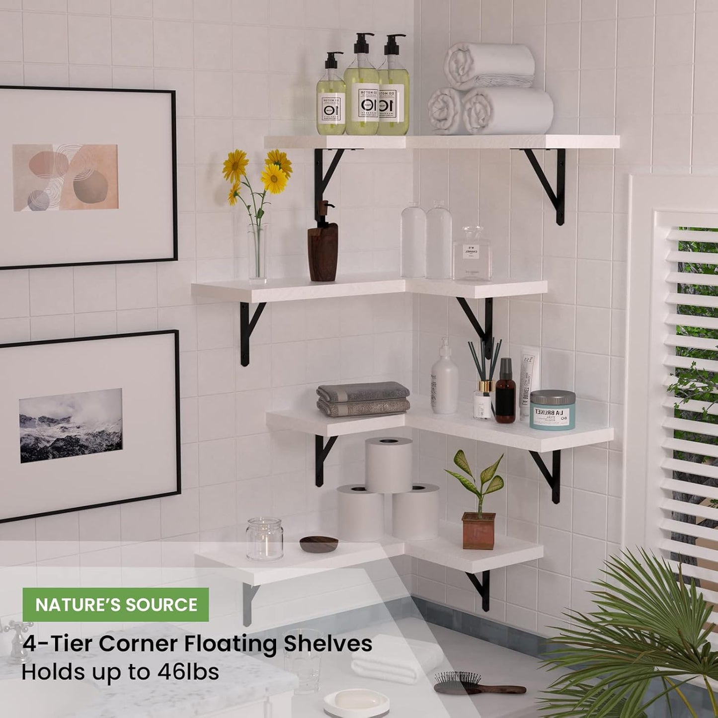 NATURE'S SOURCE Corner Floating Shelves Set of 4, Corner Shelves Wall Mounted, for Bedroom Kitchen Living Room Bathroom Office- Modern Style (White, Set of 4)