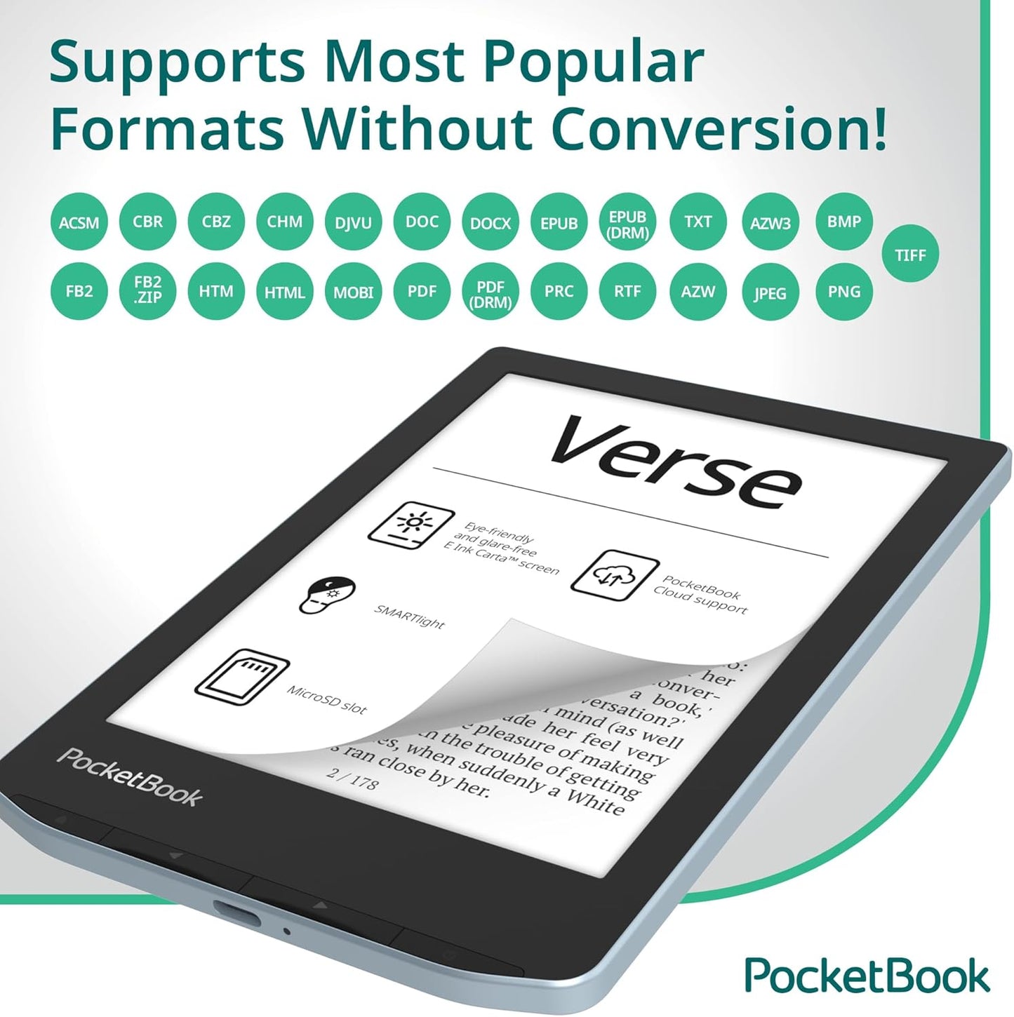 PocketBook Verse E-Reader | Eye-Friendly 6'' E-Ink Carta™ HD Touchscreen | Adjustable SMARTlight | Up to 1 Month of Battery Life | WiFi & Memory Card Slot | E-Book Reader in Bright Blue