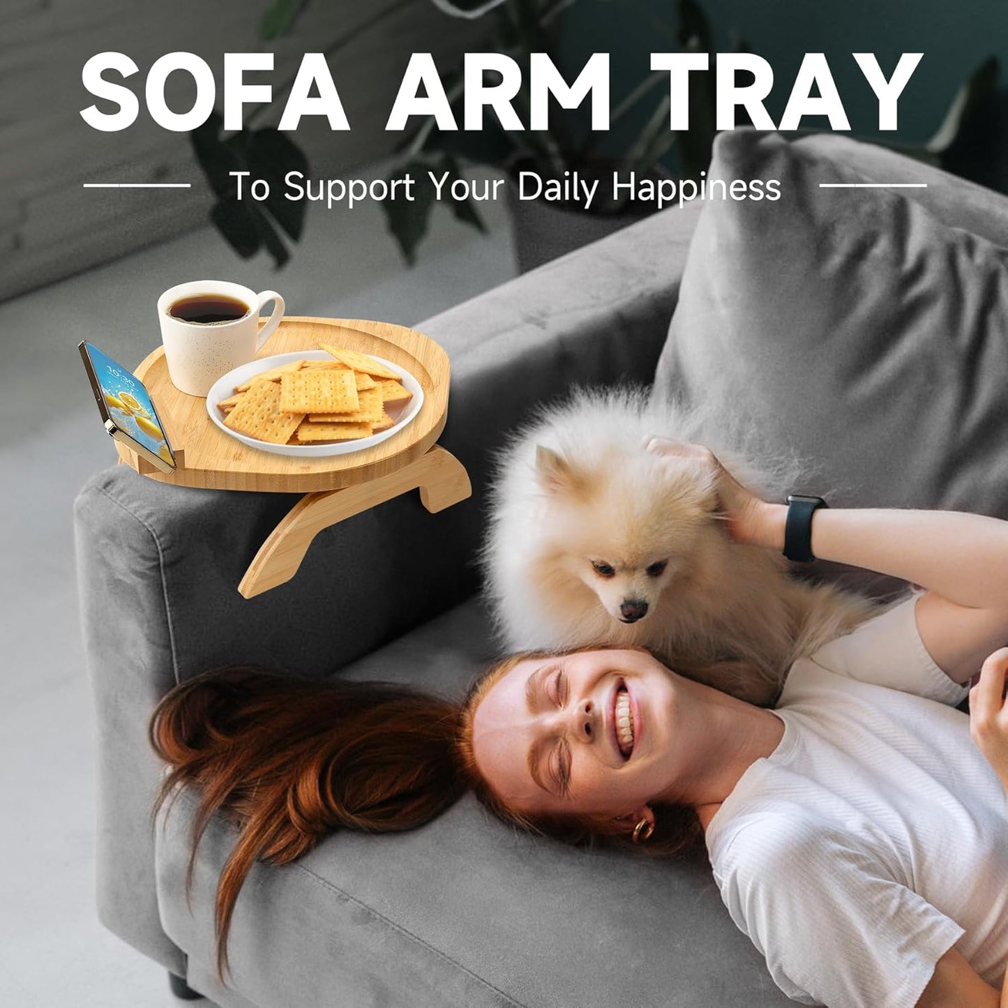 Couch Arm Tray Table, Bamboo Clip-on Couch Arm Tray with 360° Phone Holder, Foldable Sofa Armrest Table for Eating, Drink, Snacks, Coffee, TV, Remotes