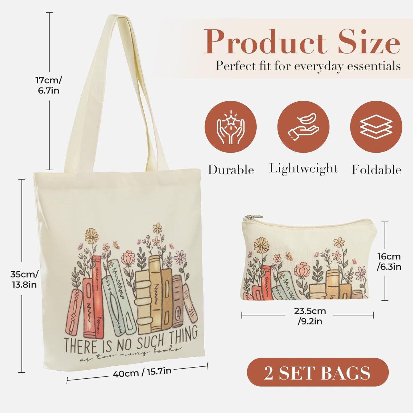 BROADREAM Canvas Tote Bag for Girls, Reusable Large Shoulder Bag with Zipper & Small Cosmetic Bag for Gym, Work, Shopping