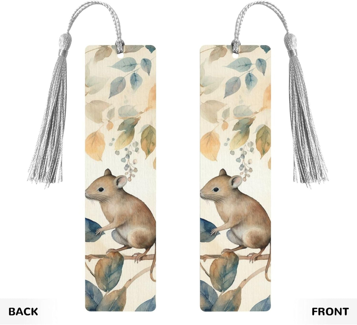 Mice and Leaves Bookmarks Gifts for Women Men, Wooden Bookmarks for Book Lovers, Vintage Book Marks Ornaments with Tassel, Unique Personalized Reading Page Markers Gray