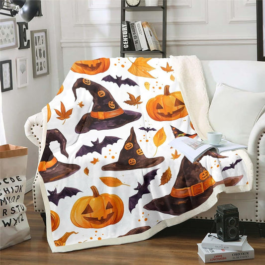Halloween Decorations Fleece Flannel Throws Pumpkin Bats Throw Blankets Toddlers Teens Adults Halloween Hat Themed Soft Cozy Fleece Blankets Black Orange for Sofa Bed Couch,Throw 50x60 Inches