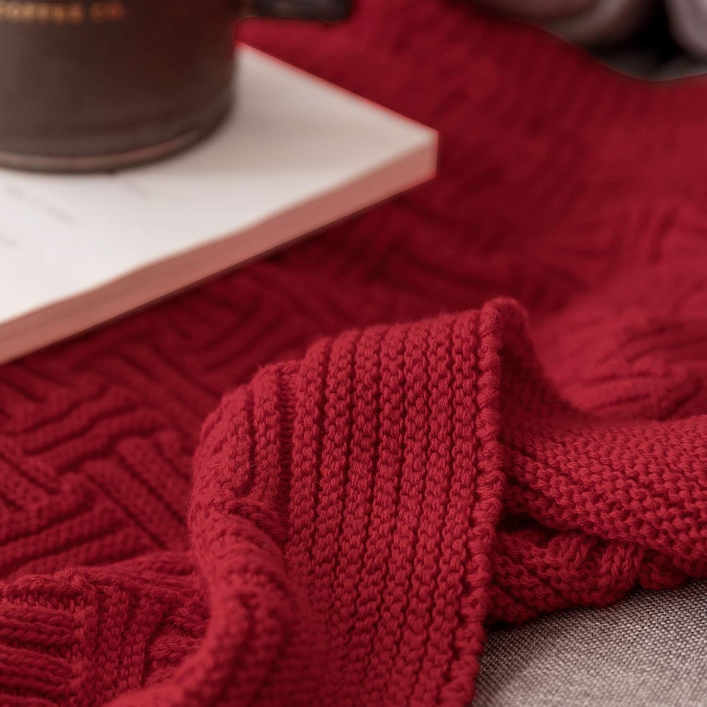 Cotton Red Knit Throw Blanket for Couch Sofa Beach Chair Bed Home Decorative Soft Warm Cozy Cable Lightweight Knitted Blankets, 50 x 60 Inch