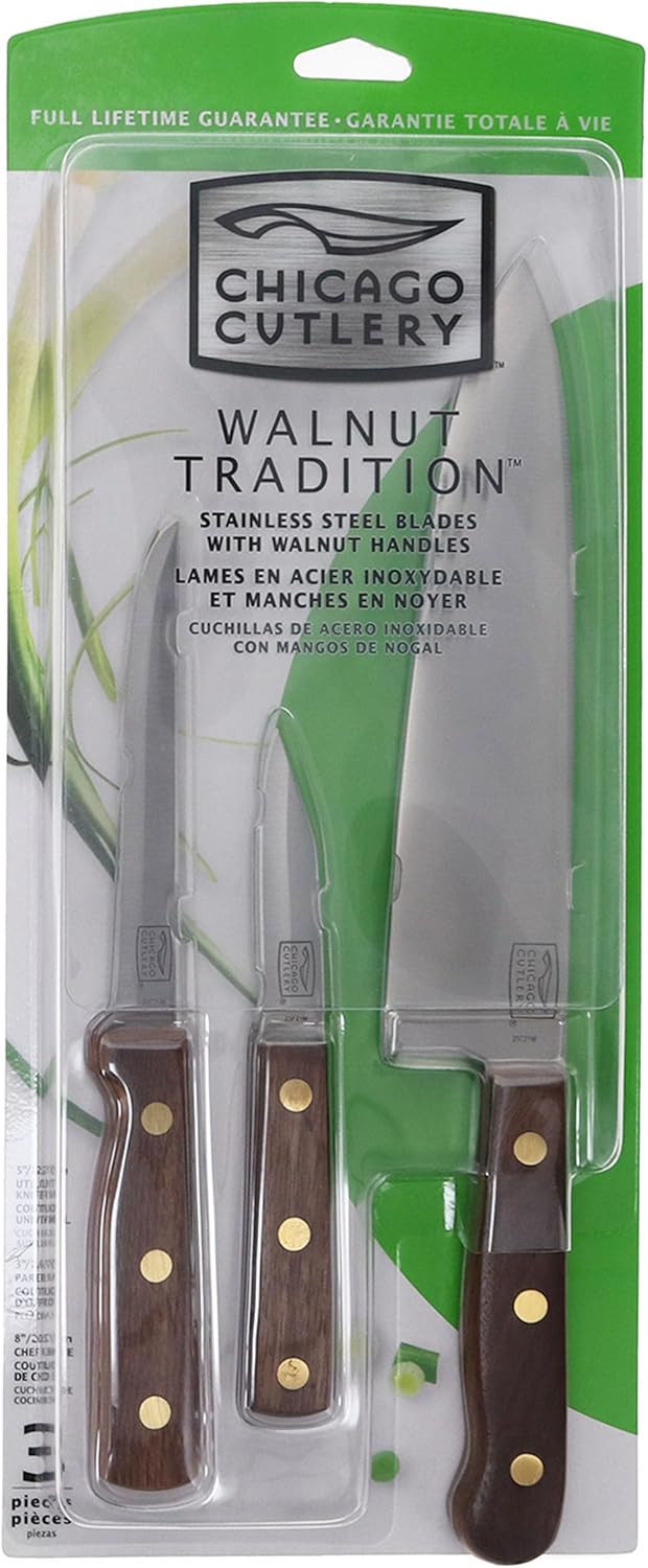 Chicago Cutlery B42 Walnut Tradition 3pc Parer, Utility and Chef Knife Set