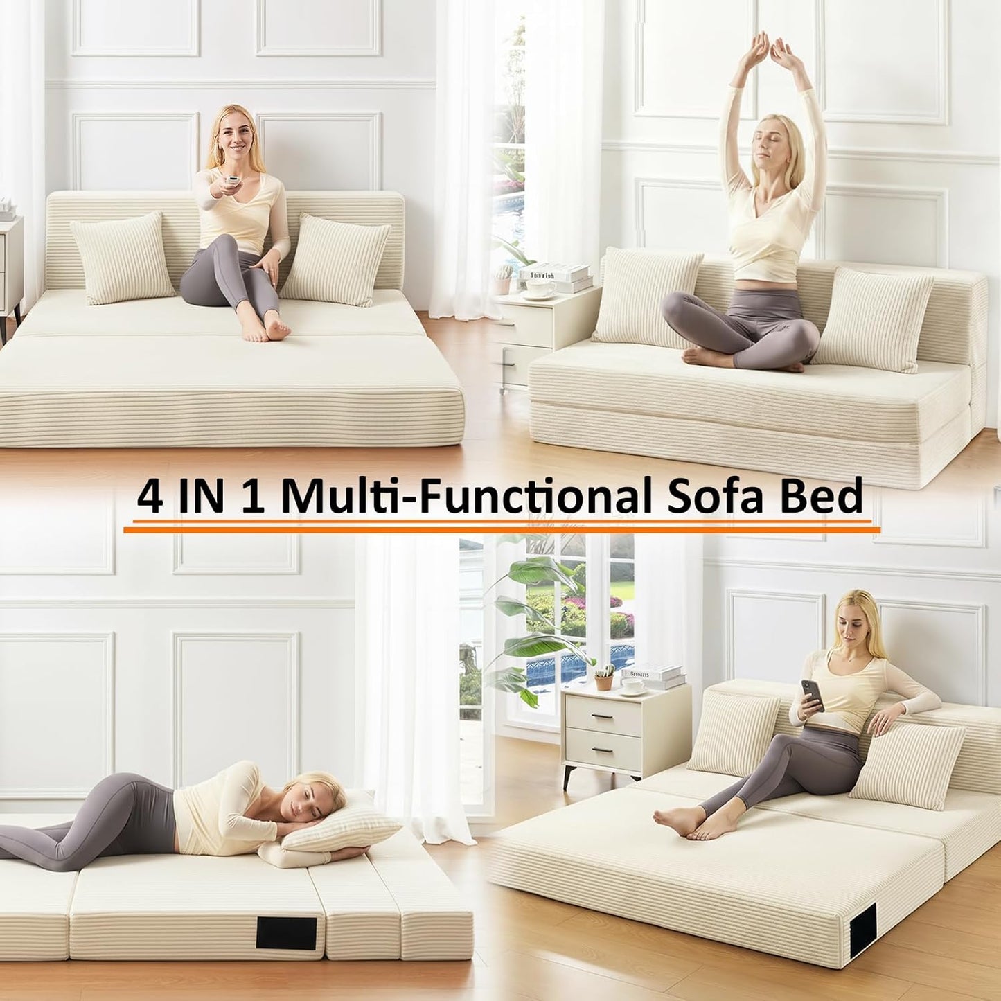 Single Size Folding Sofa Bed - 4 in 1 Convertible Sleeper Chair - High Density Memory Foam Futon Couch - Foldable Bed for Living Room Bedroom (Beige)