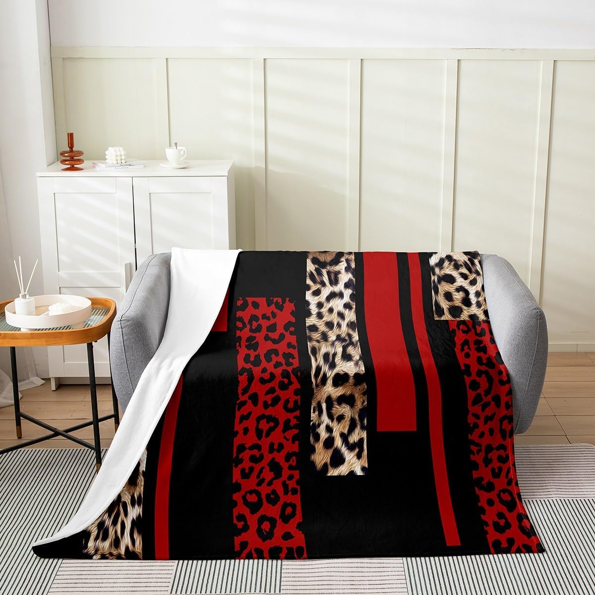 Castle Fairy Leopard Print Throw Blanket Red Brown Black Stripes Rustic Flannel Blanket for Teens Adults Women Wild Animal Cheetah Skin Print Bed Blanket for Bedroom Sofa Twin 60x80