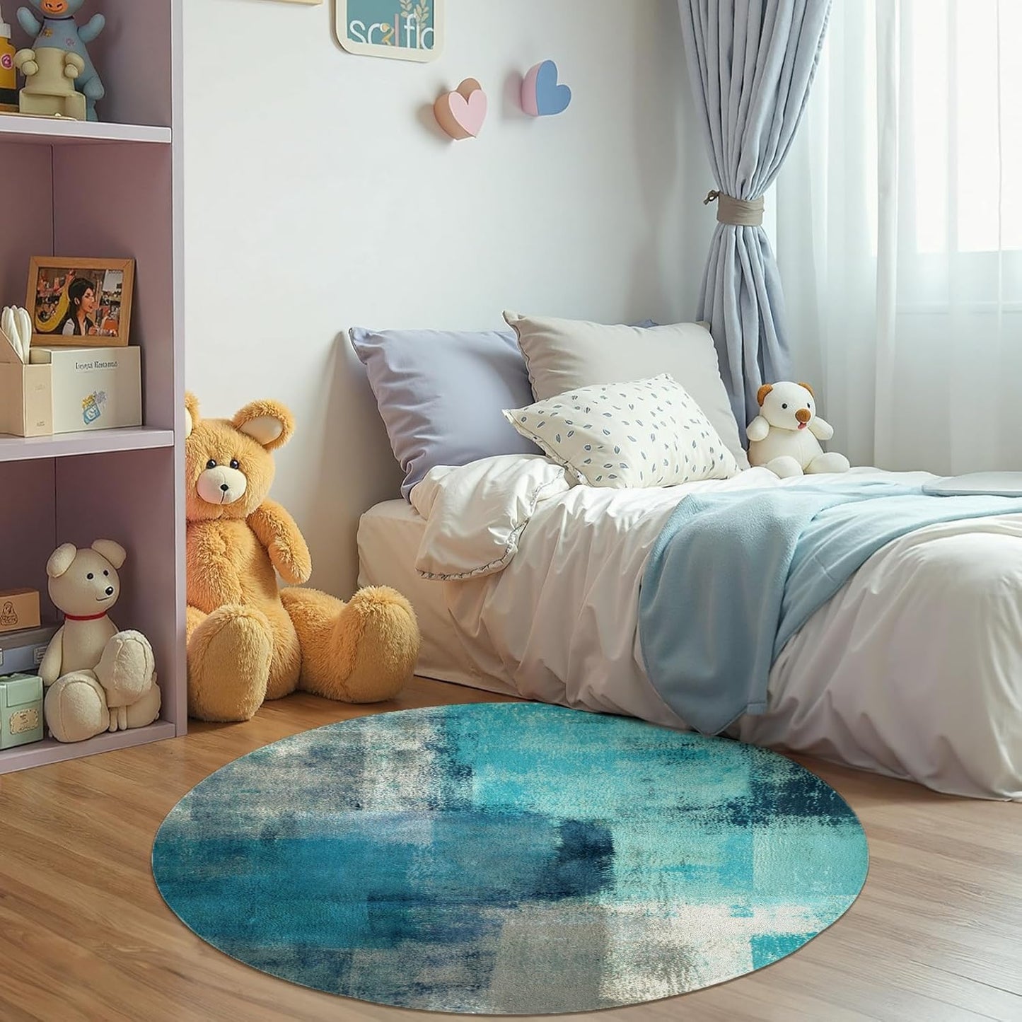 LOKMU Non-Slip Round Area Rugs Turquoise and Grey Abstract Art Home Decor Rugs Carpet for Classroom Living Room Bedroom Dining Kindergarten Room 5'