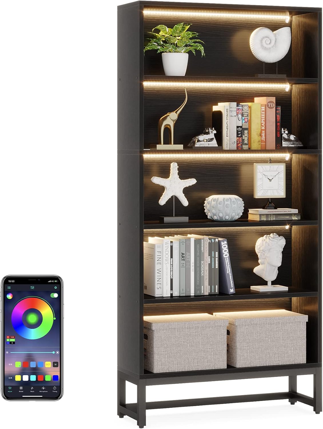 LITTLE TREE 70.8 Inch Tall Bookshelf with LED Light Strip, 5-Tier Large Bookcases Organizer with Storage Shelves, Heavy Duty Free-Standing Library Etagere Shelving Unit for Living Room, Bedroom