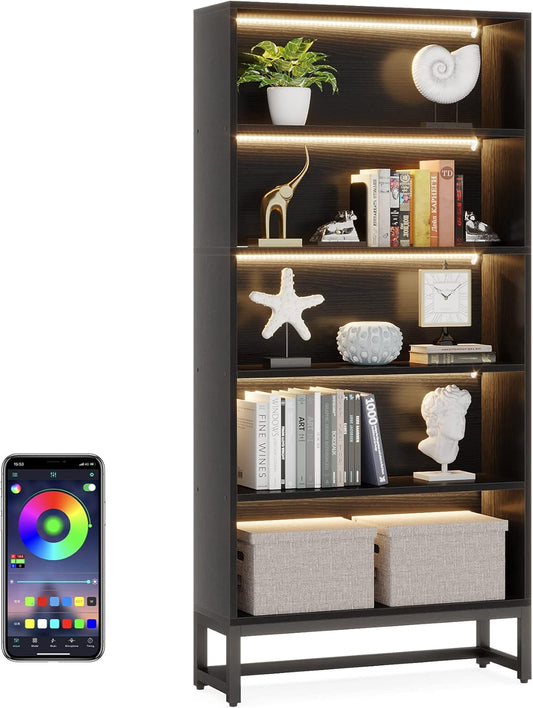 LITTLE TREE 70.8 Inch Tall Bookshelf with LED Light Strip, 5-Tier Large Bookcases Organizer with Storage Shelves, Heavy Duty Free-Standing Library Etagere Shelving Unit for Living Room, Bedroom